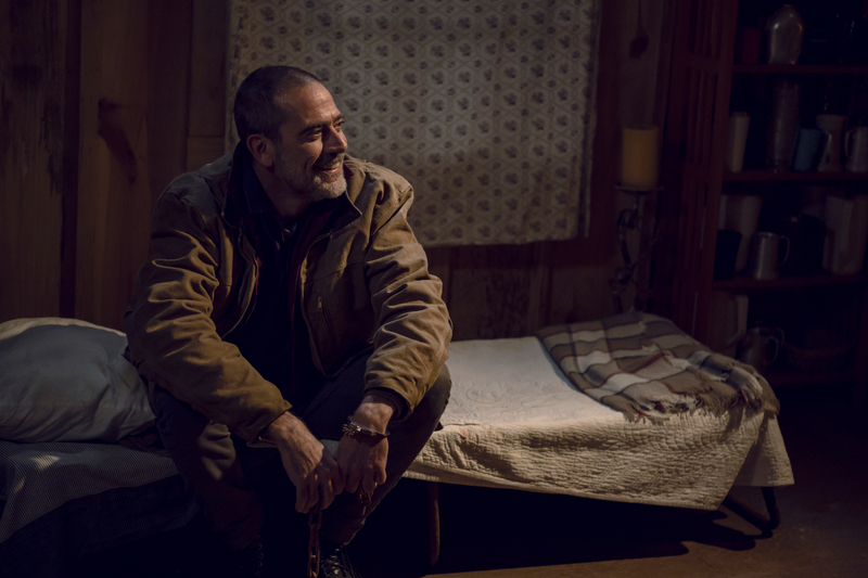 Negan (Jeffrey Dean Morgan) enjoys his favorite soap opera, a.k.a. Rosita, Gabriel, Siddiq, and Eugene.